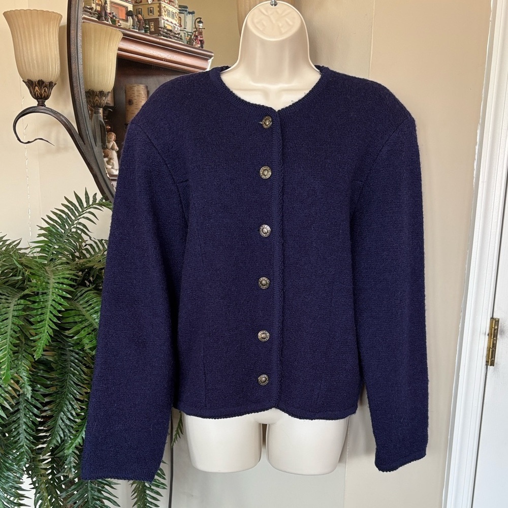 Vintage Tally Ho 100% Wool Button Up Navy Blue Cardigan Knit Long Sleeve Sweater